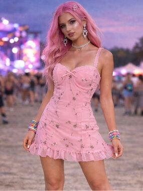 Sugar Thrillz Pink Embroidered Mini Dress NWT L Coquette Fairycore Festival